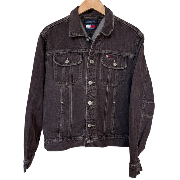 VTG 90’s Tommy Hilfiger Black Wash Denim Jacket Flag Front Detail XL 2000s Y2K - Picture 2 of 10